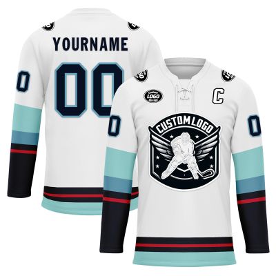 Onegam Custom Ice Hockey Jersey for Men Women Youth, Personalized Team Name Number Logo Practice Training Team Uniform White Light Blue