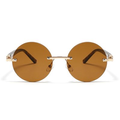 helena Trendy Oval Rimless Sunglasses Women Designer Round Shades Eyewear Men brown green Sun Glasses Female UV400 (C3)