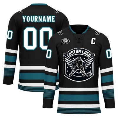 Onegam Custom Ice Hockey Jersey for Men Women Youth, Personalized Team Name Number Logo Practice Training Team Uniform Black Cyan