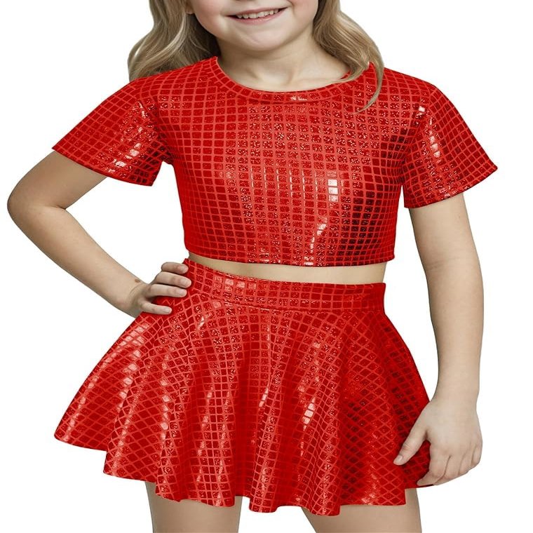 Happy Cherry Girls 2 Piece Skirt Set Girls Metallic Sparkly Shiny Pleated Skirt 2 Piece Crop Top + Mini Skirt Set Jazz Hip Hop Performance Dancewear Outfits