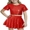 Happy Cherry Girls 2 Piece Skirt Set Girls Metallic Sparkly Shiny Pleated Skirt 2 Piece Crop Top + Mini Skirt Set Jazz Hip Hop Performance Dancewear Outfits view 1