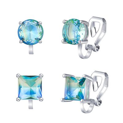 YOQUCOL 2 Pairs 8MM Aurora Blue-Green Color Zirconia Crystal Clip On Earrings Non Pierced Stud Earrings For Women