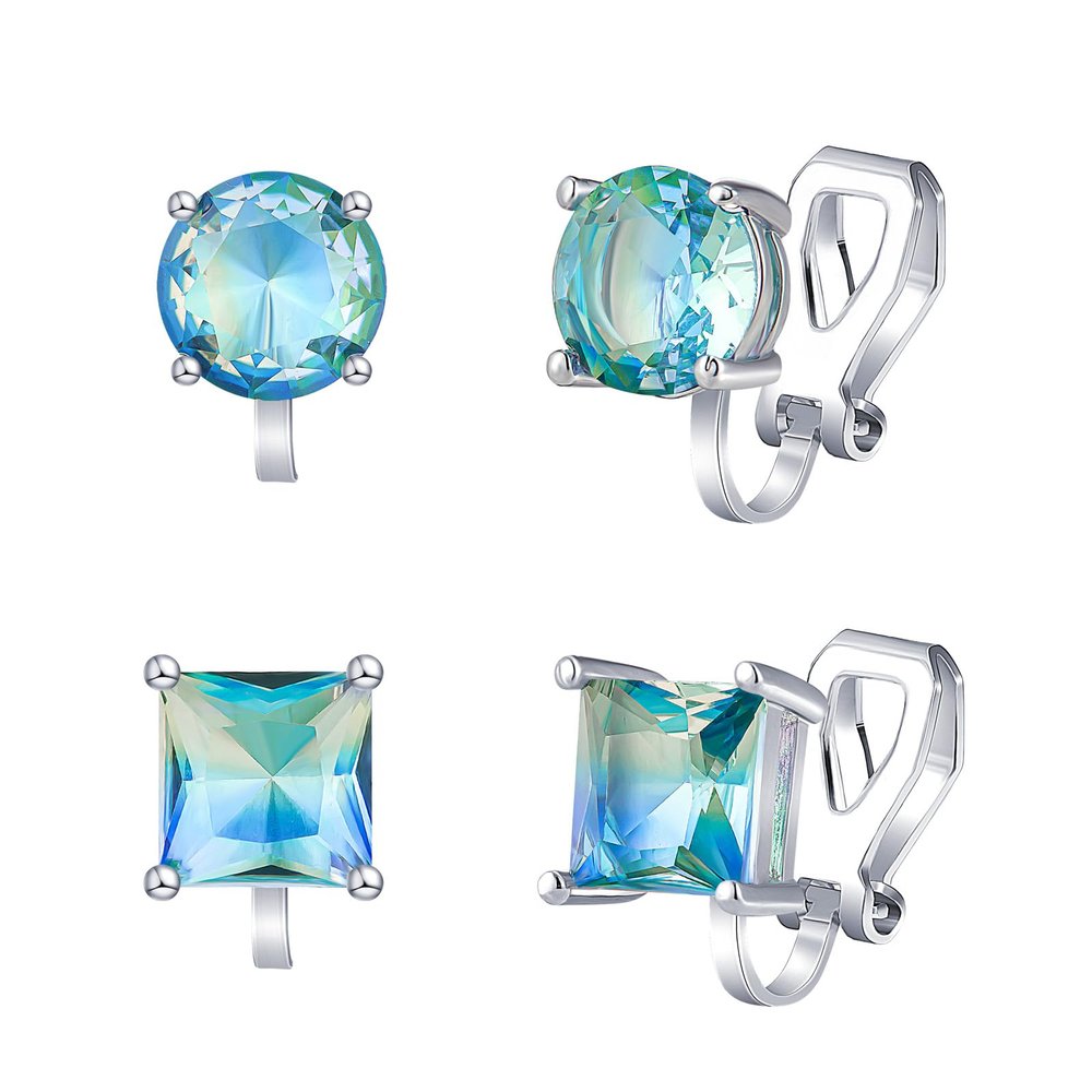 YOQUCOL 2 Pairs 8MM Aurora Blue-Green Color Zirconia Crystal Clip On Earrings Non Pierced Stud Earrings For Women