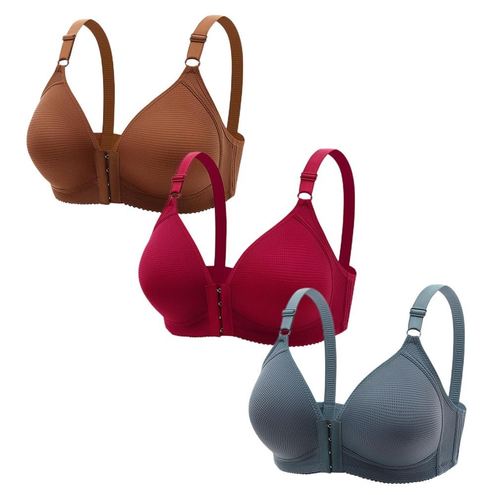 3PC Front Closure Bras Women, Wireless Post-Surgery Bra, High Support Push Up Brassiere, Breast Lift Comfort Everyday Bras