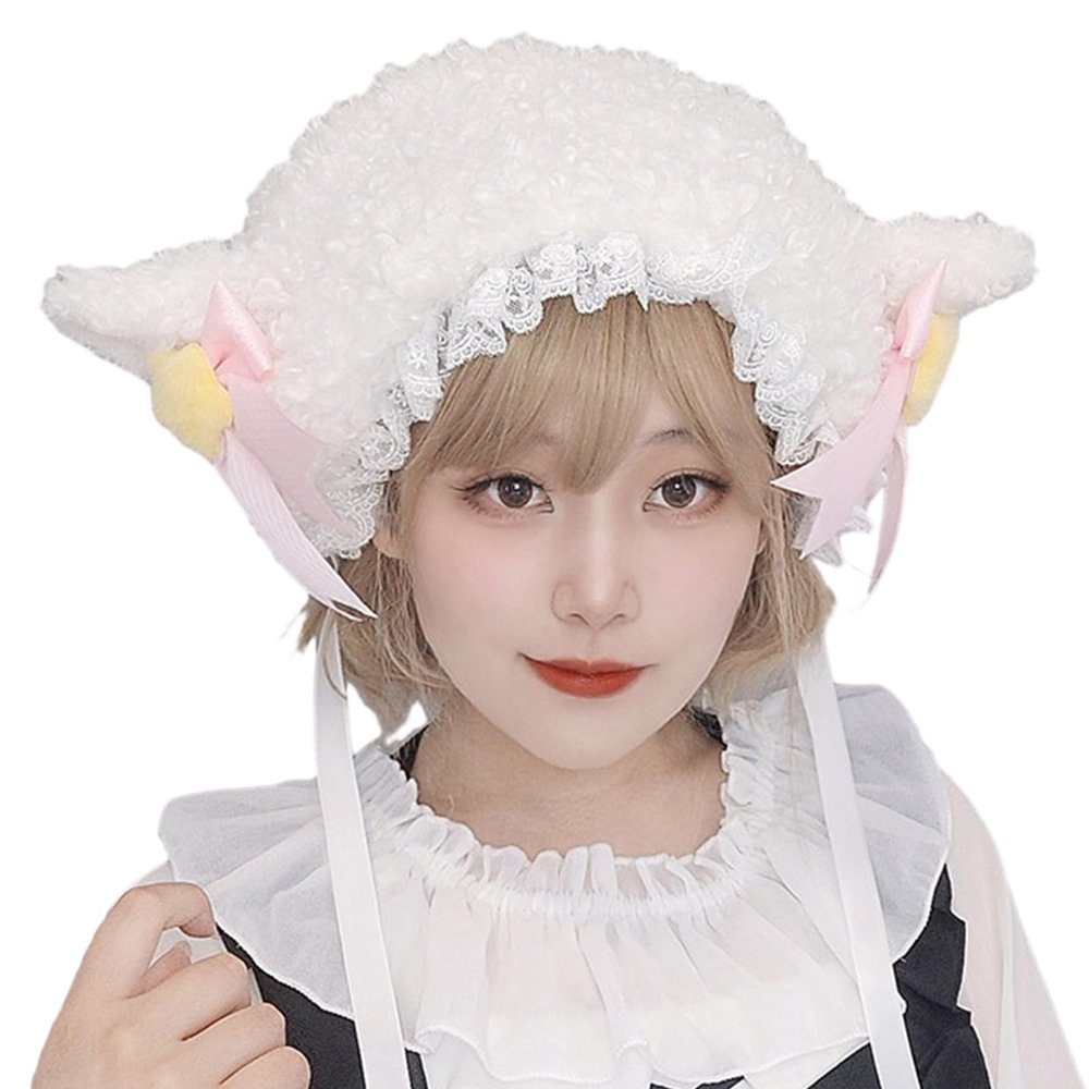 Cartoon Furry Lamb Hat Headgear with Lace for Girls Cosplay Bucket Hat Winter Headwear Cosplay Party Supplies White
