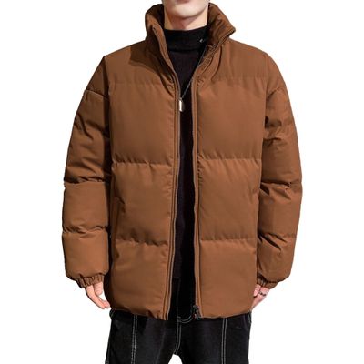 Men's Solid Color Loose Puffer Jacket Full Zipper Windproof Down Coat Stand Collar Warm Padded Jackets (Coffee,XX-Large)