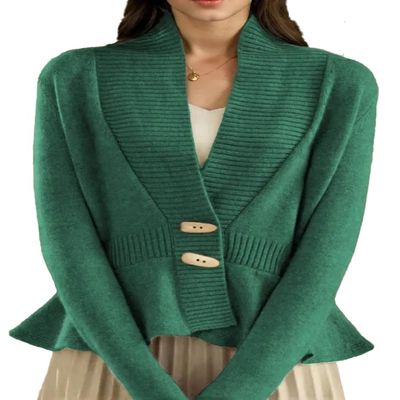 Womens Long Sleeve Ribbed Knit Cardigan Sweaters Button V Neck Ruffle Hem Cardigans Jackets Fashion Coat Outwear Green