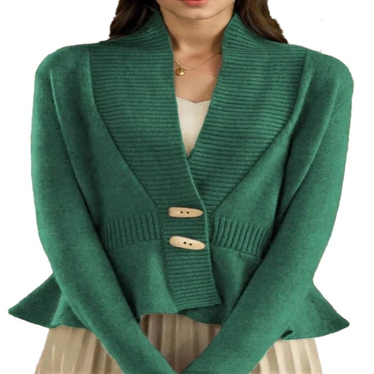 Womens Long Sleeve Ribbed Knit Cardigan Sweaters Button V Neck Ruffle Hem Cardigans Jackets Fashion Coat Outwear Green