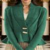 Womens Long Sleeve Ribbed Knit Cardigan Sweaters Button V Neck Ruffle Hem Cardigans Jackets Fashion Coat Outwear Green view 2