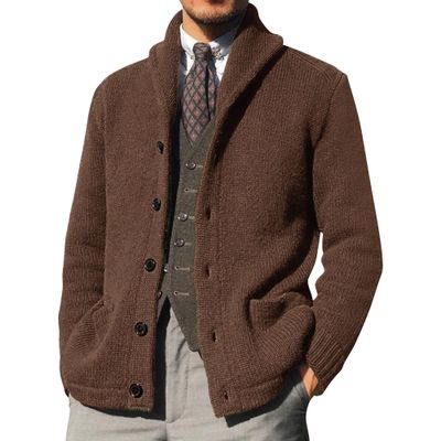 QOAAIE Mens Shawl Collar Cardigan Sweaters Button Down Loose Fit Knitwear with Pockets Open Front Sweaters Winter Outwear (Khaki,XX-Large)
