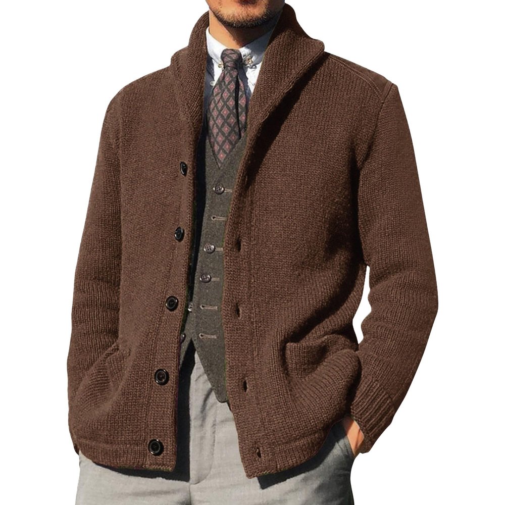 QOAAIE Mens Shawl Collar Cardigan Sweaters Button Down Loose Fit Knitwear with Pockets Open Front Sweaters Winter Outwear (Khaki,XX-Large)