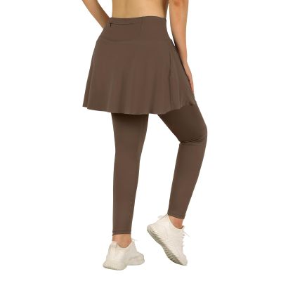 ANIVIVO Skirted Leggings for Women with Pockets, Tennis Yoga Pleated Skirt with Full Length Leggings(Brown,2XL)