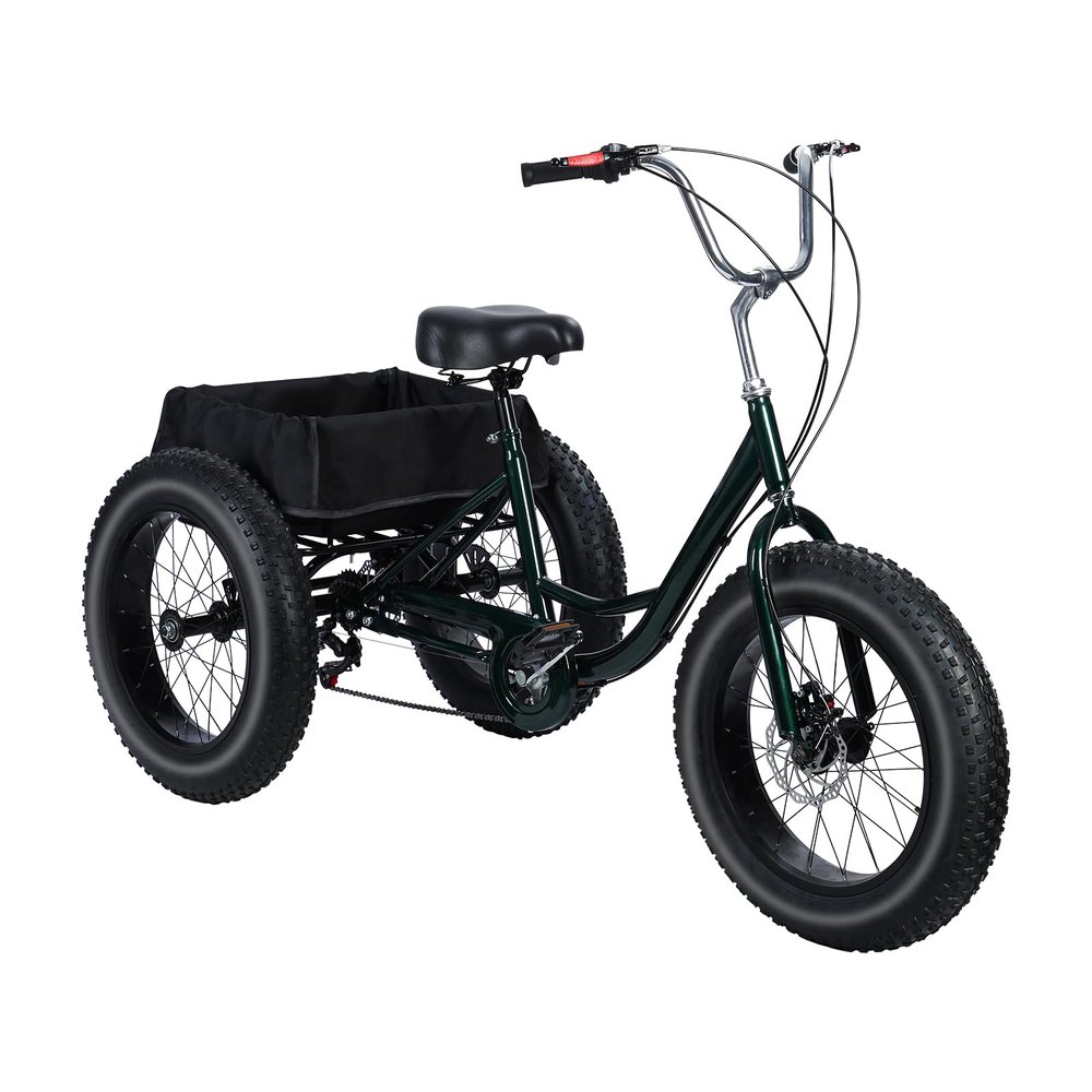 JENPECH 20" Fat Tire Tricycle for Adult, 7-Speed 3-Wheel Bike with Spacious Rear Cargo Basket, Adjustable Handlebars, Widen Seat & Dual Disc Brakes for Adluts, Seniors Up to Load 450lbs (Black)