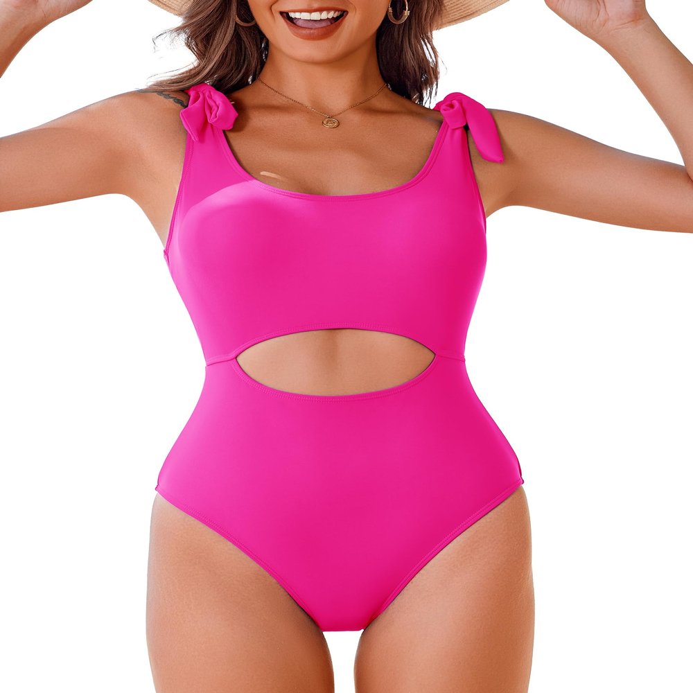 AI'MAGE One Piece Swimsuit Women 2026 Tummy Control Bathing Suits Cutout Scoop Neck Swimwear Push Up Swim Suit Rose Pink M