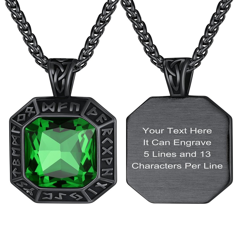 ChainsHouse Personalized Onyx Green Gemstone Viking Rune Pendant Necklace for Men Custom Viking Jewelry Black Norse Amulet