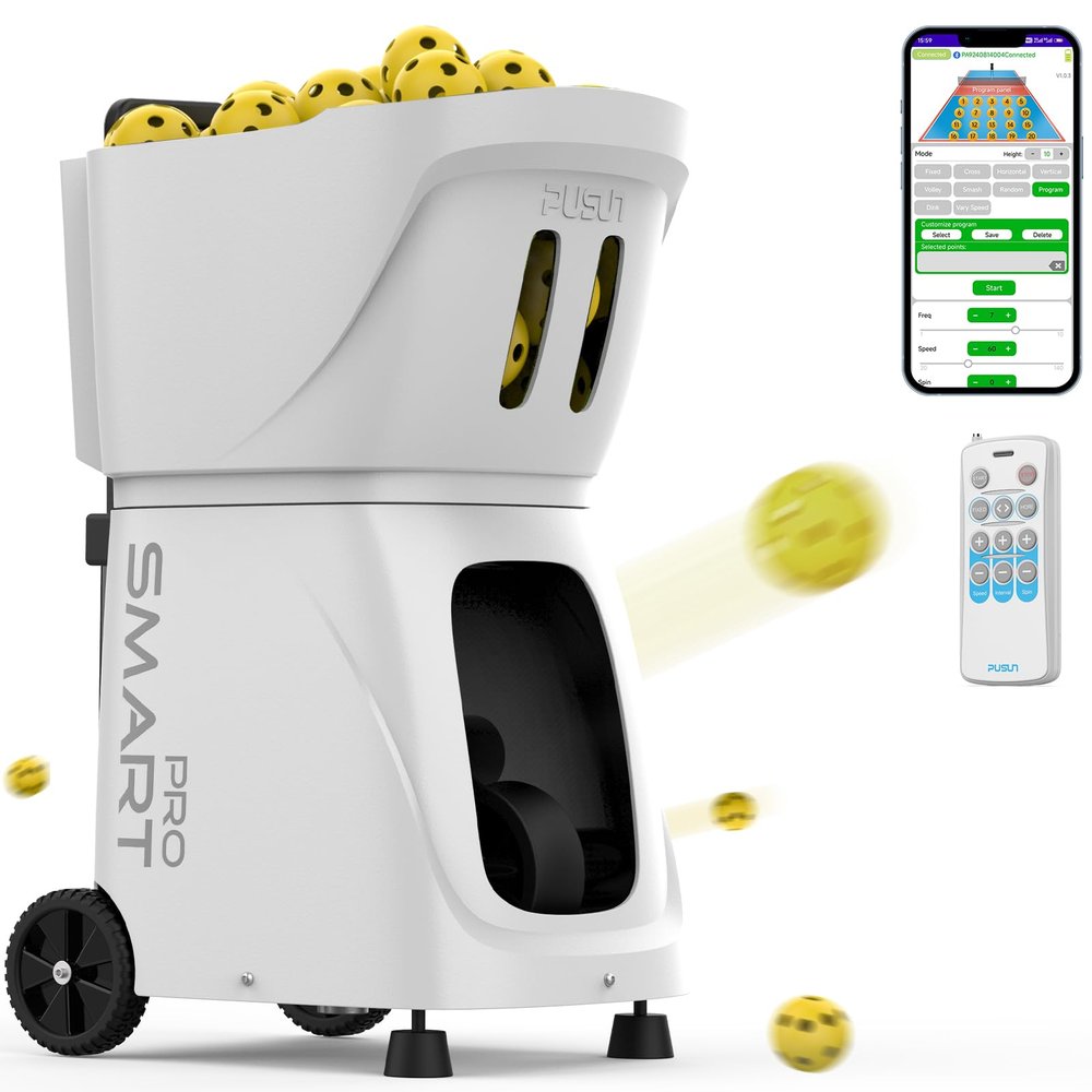 PUSUN PP-SMARTPro Pickleball Machine - Professional Auto Ball Server with APP Control, 20 Landing Points & Dink Training, Smart Pickleball Launcher with Multi-Angle System (4-6H Runtime) (White)