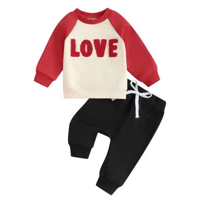 BeQeuewll Baby Boy Valentines Outfit Long Sleeve Love Sweatshirt Jogger Pants Set Toddler Boys Valentines Outfits (Love-Apricot, 18-24 Months)