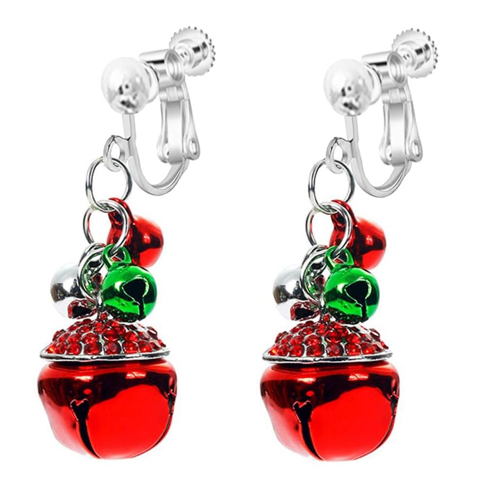 Christmas Clip on Earrings for Women Snowflake Jingle Bell Heart Non Pierced Red Green Pink Bow Pearl Valentines Dangling Holiday Accessory Jewelry