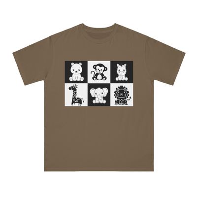 Black and White Contrasting Wild Animals T-Shirt for Mom Dad of Baby Stage 3, Certified Organic Ring-Spun Cotton