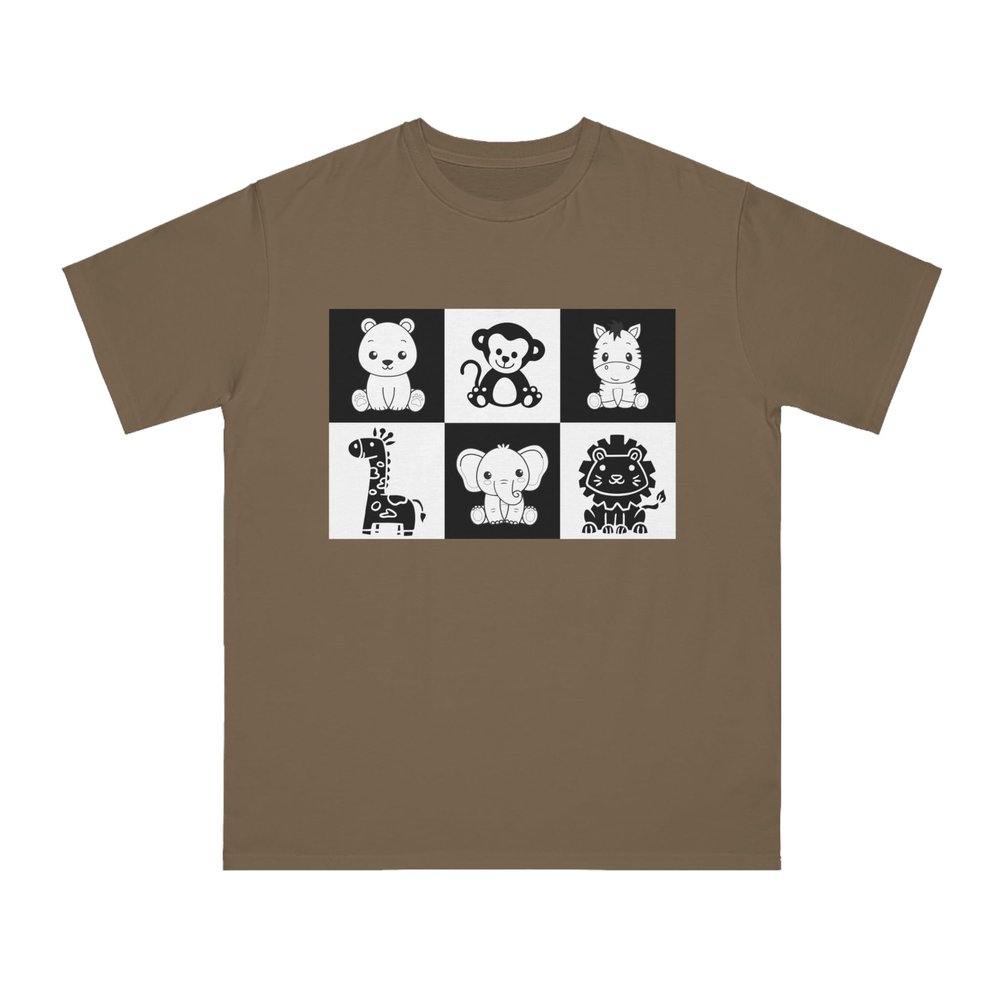 Black and White Contrasting Wild Animals T-Shirt for Mom Dad of Baby Stage 3, Certified Organic Ring-Spun Cotton
