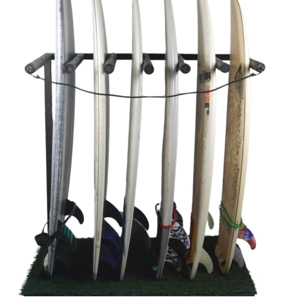 SoCal Surf Rackz Veritcal Surfboard Storage Rack - Durable Wood and Premium Turf Base with Safety Bungee (Black, 6 Board)