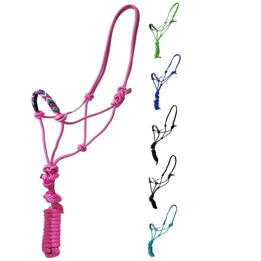 Tahoe Tack Copper Tip Series Braided Rope Horse Halter with Navajo Beaded Noseband, Cowboy Knots, 10 Ft Lead
