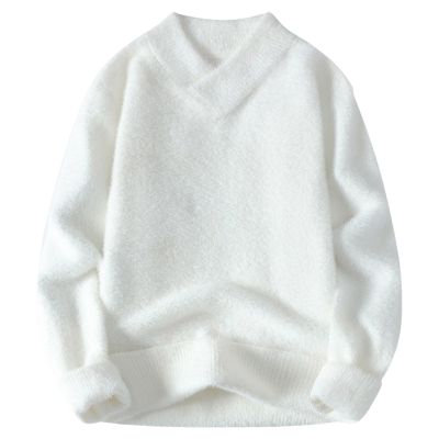 Men Cashmere Sweaters Oversized Fleece Warm Wool Pullover Tops Vintage Crewneck Winter Chunky Outdoor Knitted Sweater White