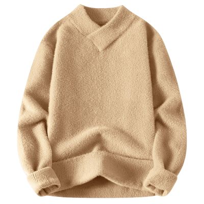 Men Cashmere Sweaters Oversized Fleece Warm Wool Pullover Tops Vintage Crewneck Winter Chunky Outdoor Knitted Sweater Khaki