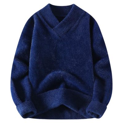Men Cashmere Sweaters Oversized Fleece Warm Wool Pullover Tops Vintage Crewneck Winter Chunky Outdoor Knitted Sweater Navy