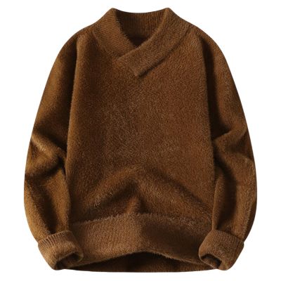 Men Cashmere Sweaters Oversized Fleece Warm Wool Pullover Tops Vintage Crewneck Winter Chunky Outdoor Knitted Sweater Coffee