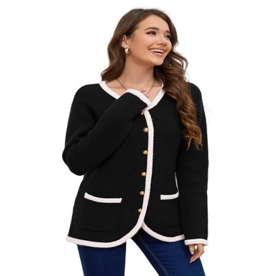 Cloud Apparel 360 Womens Knit Cardigan Sweaters Casual Long Sleeve Open Front Button Down Coat Trendy Winter Outerwear with Pockets,Loose Fit Black/White