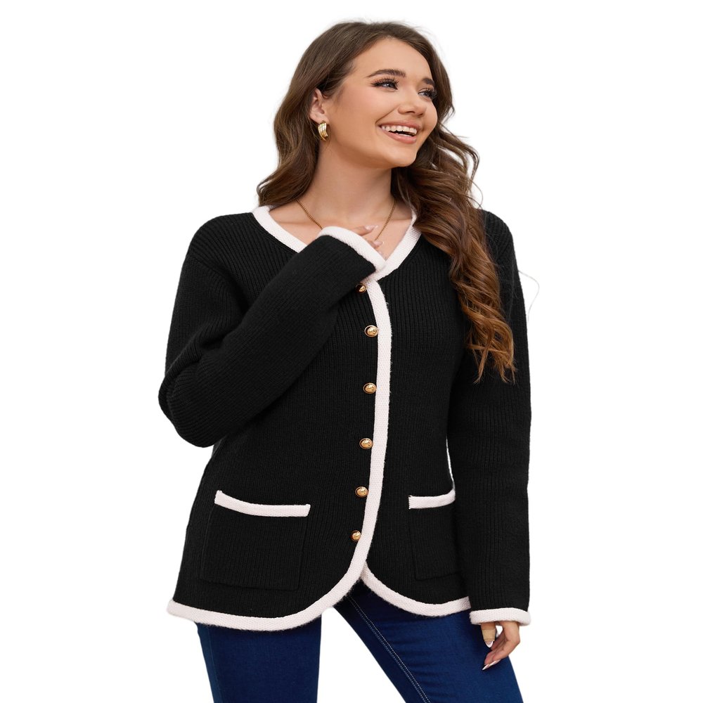 Cloud Apparel 360 Womens Knit Cardigan Sweaters Casual Long Sleeve Open Front Button Down Coat Trendy Winter Outerwear with Pockets,Loose Fit Black/White