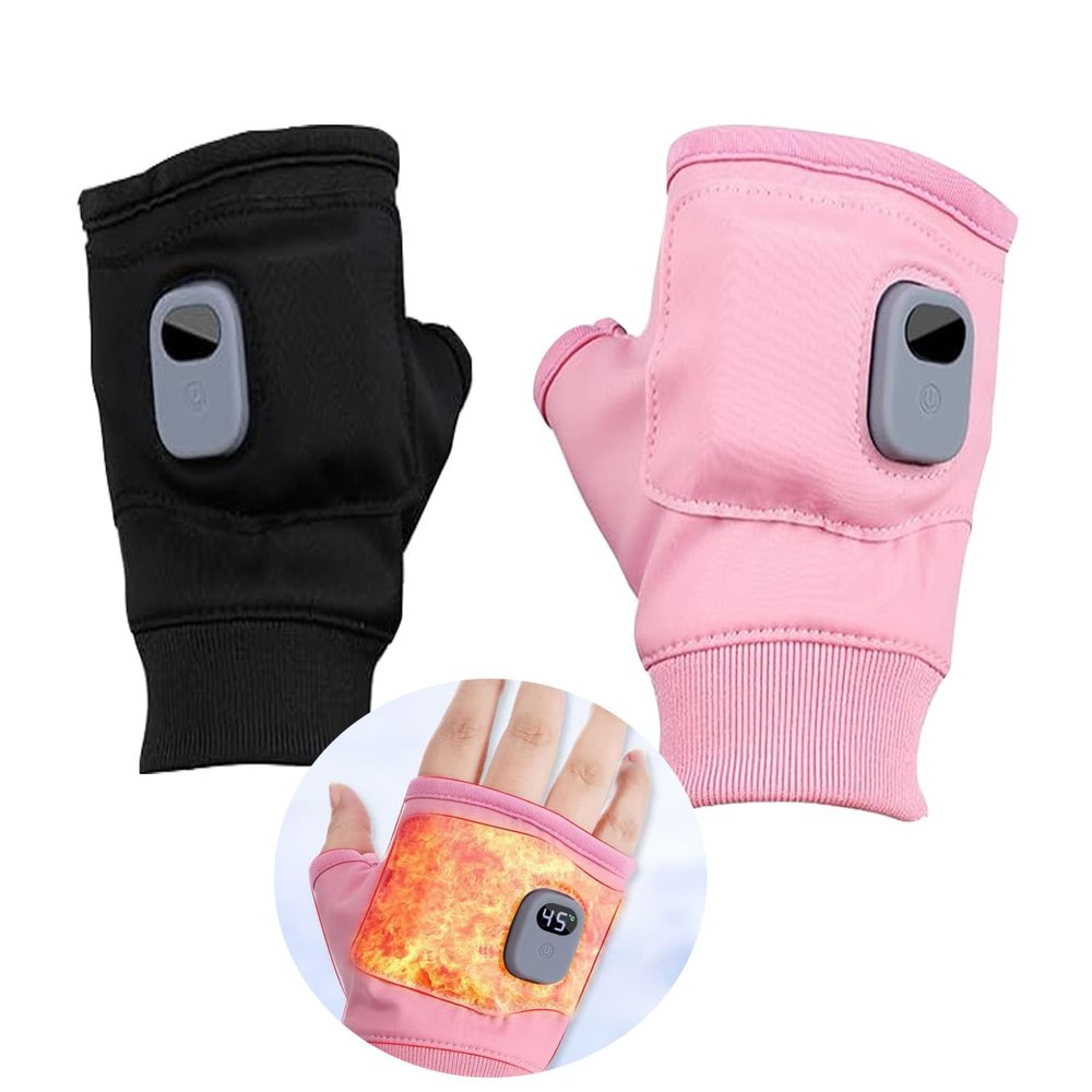 Heated Gloves With Digital Display - Rechargeable Hand Warmers for Women and Men, Fingerless Electric Heating Writing Gloves for Students (Black, 1)