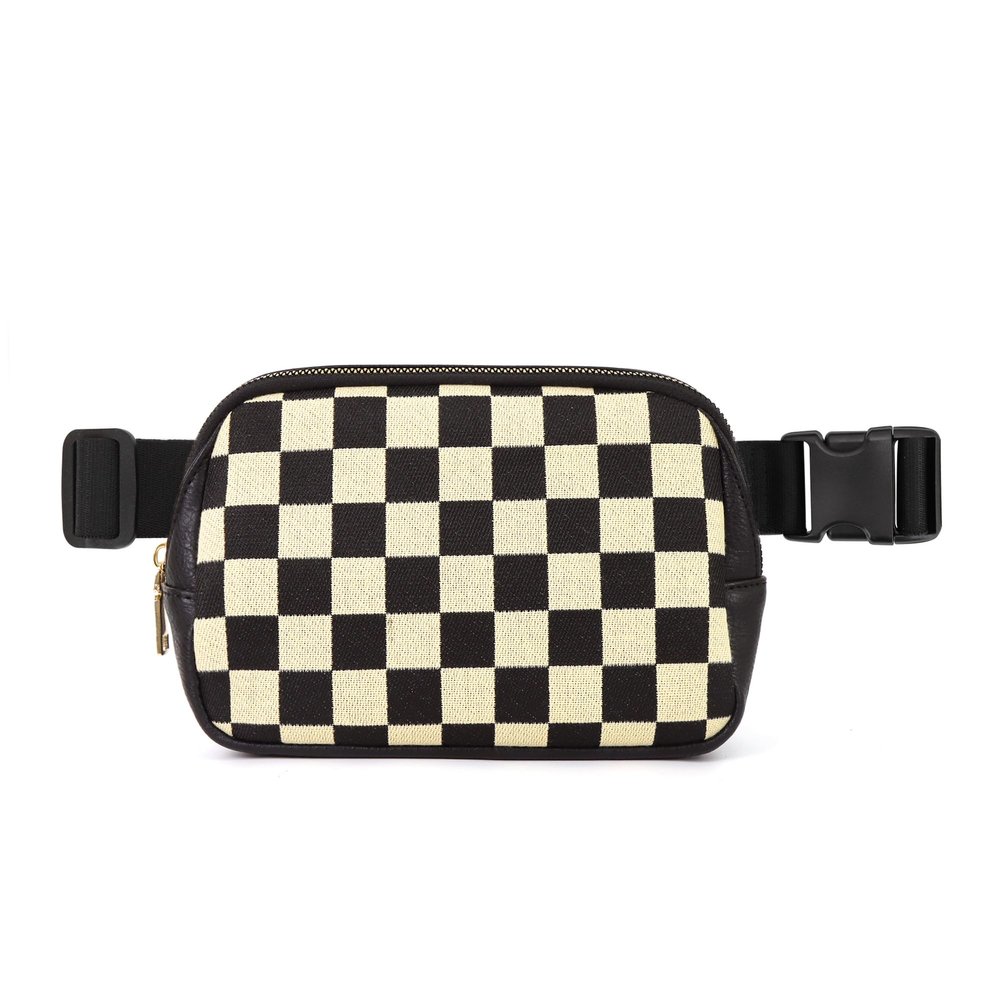 Checkered Fanny Pack Plaid Striped Belt Bag Crossbody Bags For Women for Work Shopping (Black(Fanny Packs))