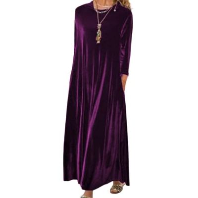 Women's Fall Loose Velvet Maxi Dress Casual Long Sleeve Crew Neck Vintage Long Dress with Pockets Purple