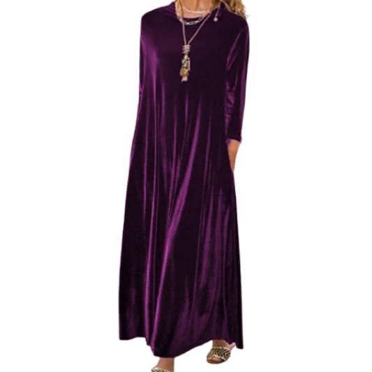 Women's Fall Loose Velvet Maxi Dress Casual Long Sleeve Crew Neck Vintage Long Dress with Pockets Purple