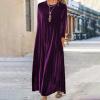 Women's Fall Loose Velvet Maxi Dress Casual Long Sleeve Crew Neck Vintage Long Dress with Pockets Purple view 2
