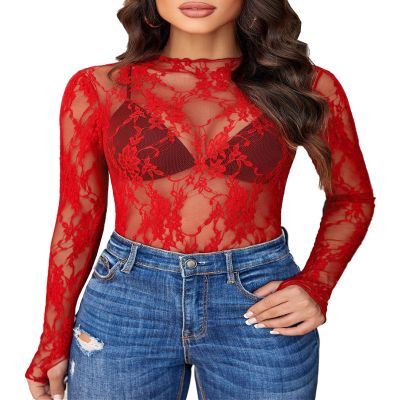 Avidlove Women's Mesh Top Long Sleeve Mock Neck Sheer Blouse See Through Floral Lace Tops Red Medium
