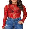 Avidlove Women's Mesh Top Long Sleeve Mock Neck Sheer Blouse See Through Floral Lace Tops Red Medium view 1