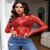 Avidlove Women's Mesh Top Long Sleeve Mock Neck Sheer Blouse See Through Floral Lace Tops Red Medium view 3
