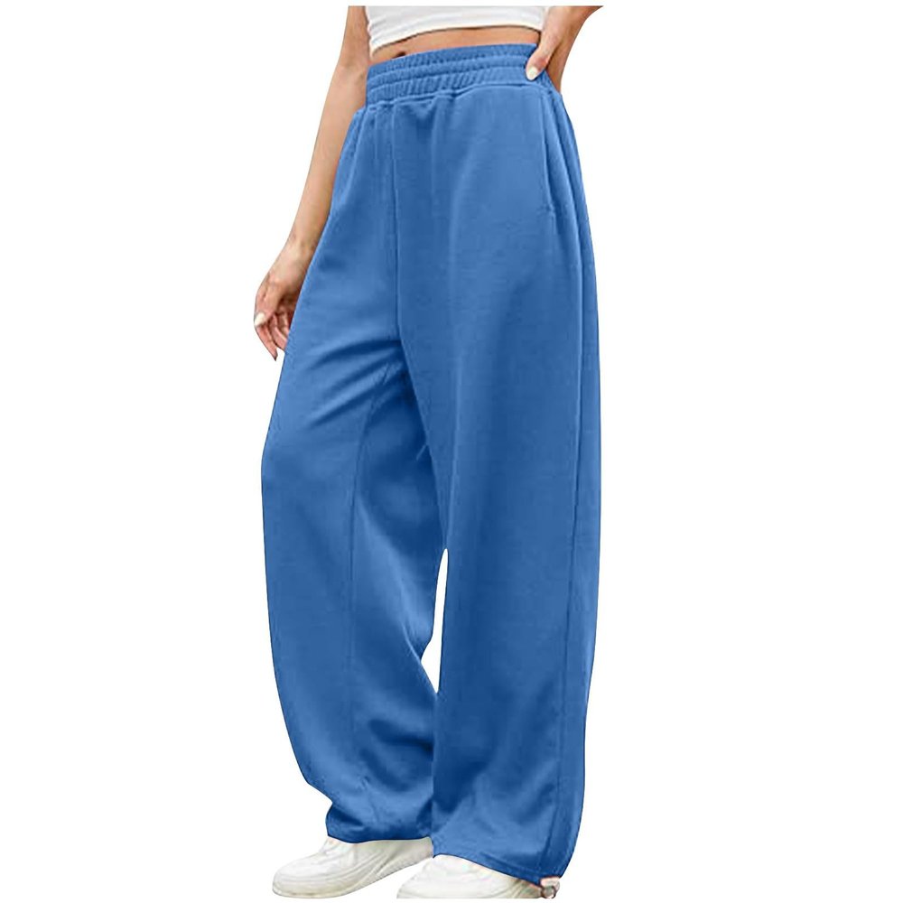 Sweat Pants for Womens Lounge Workout Jogger Pants Relaxed Fit Elastic High Waisted Wide Leg Athletic Pants with Pocket Blue