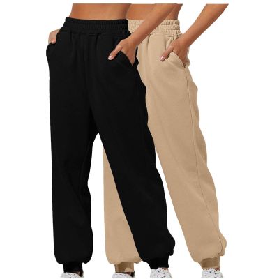 2PC Sweatpants Women Baggy Open Bottom Wide Leg Athletic Pant Classic Elastic High Waisted Jogger Trouser with Pocket Black