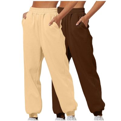 2PC Sweatpants Women Baggy Open Bottom Wide Leg Athletic Pant Classic Elastic High Waisted Jogger Trouser with Pocket Khaki