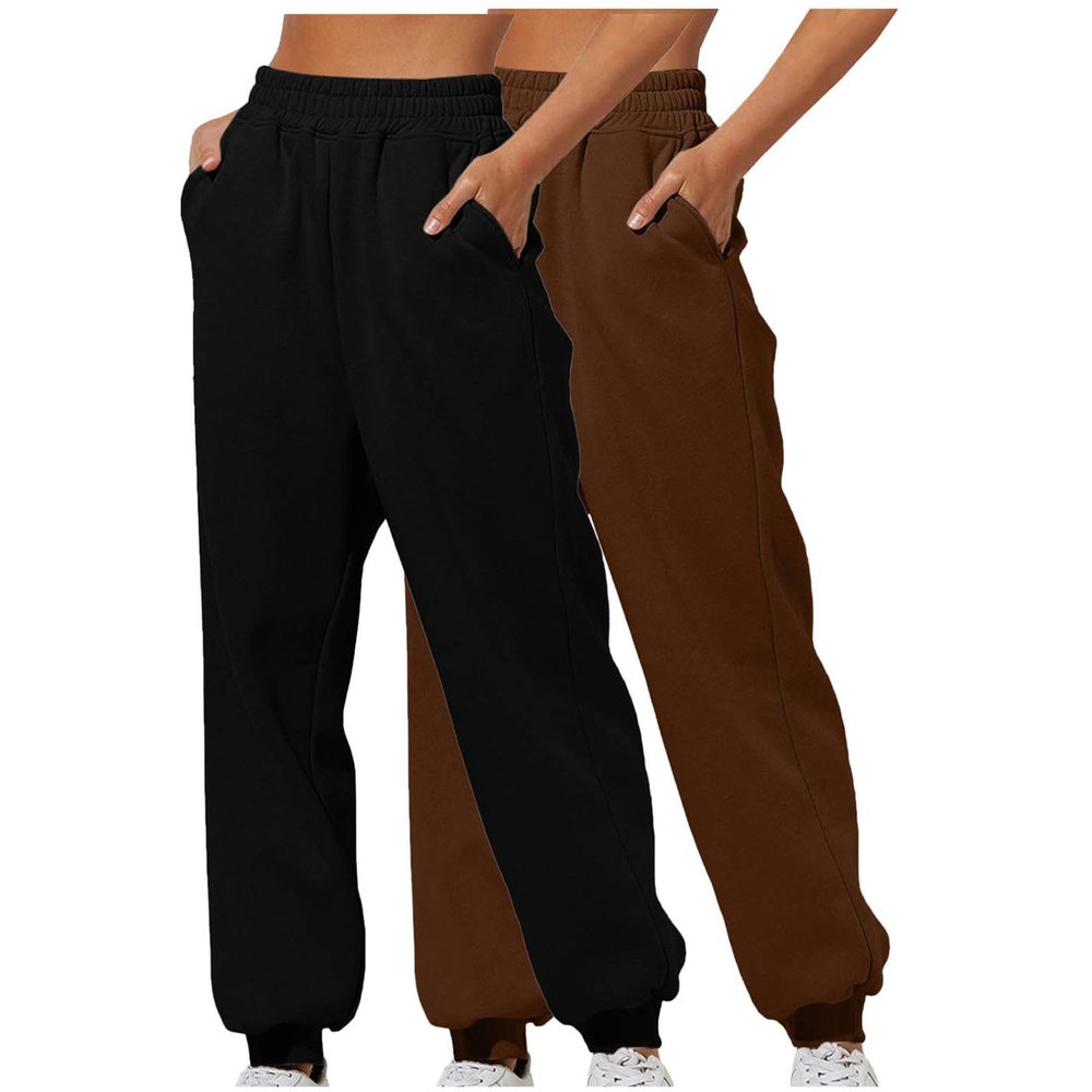 2PC Sweatpants Women Baggy Open Bottom Wide Leg Athletic Pant Classic Elastic High Waisted Jogger Trouser with Pocket Brown