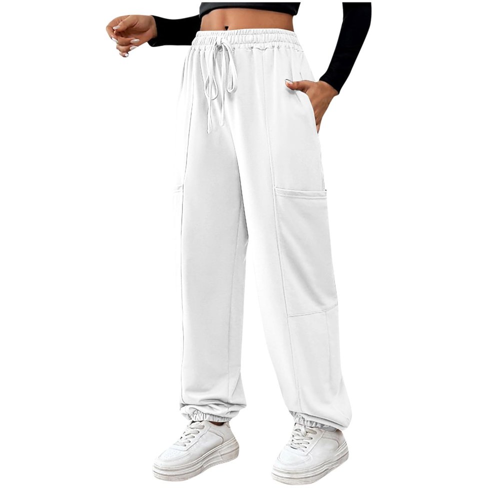 Cargo Sweatpants for Women Cinch Bottom Drawstring Elastic Waisted Jogger Pants Relaxed-Fit Athletic Pant with Pocket White