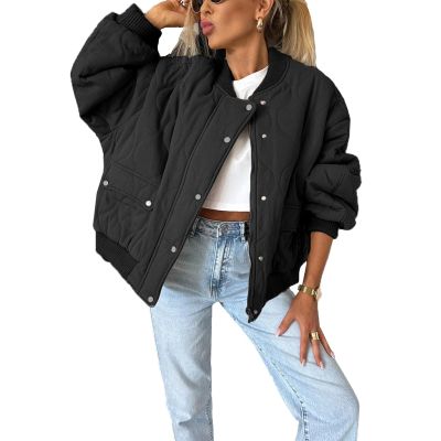 cffvdiz Black,XL, Women's Round Neck Winter Quilted Jacket Long Sleeve Casual Button Solid Color Cotton Coat
