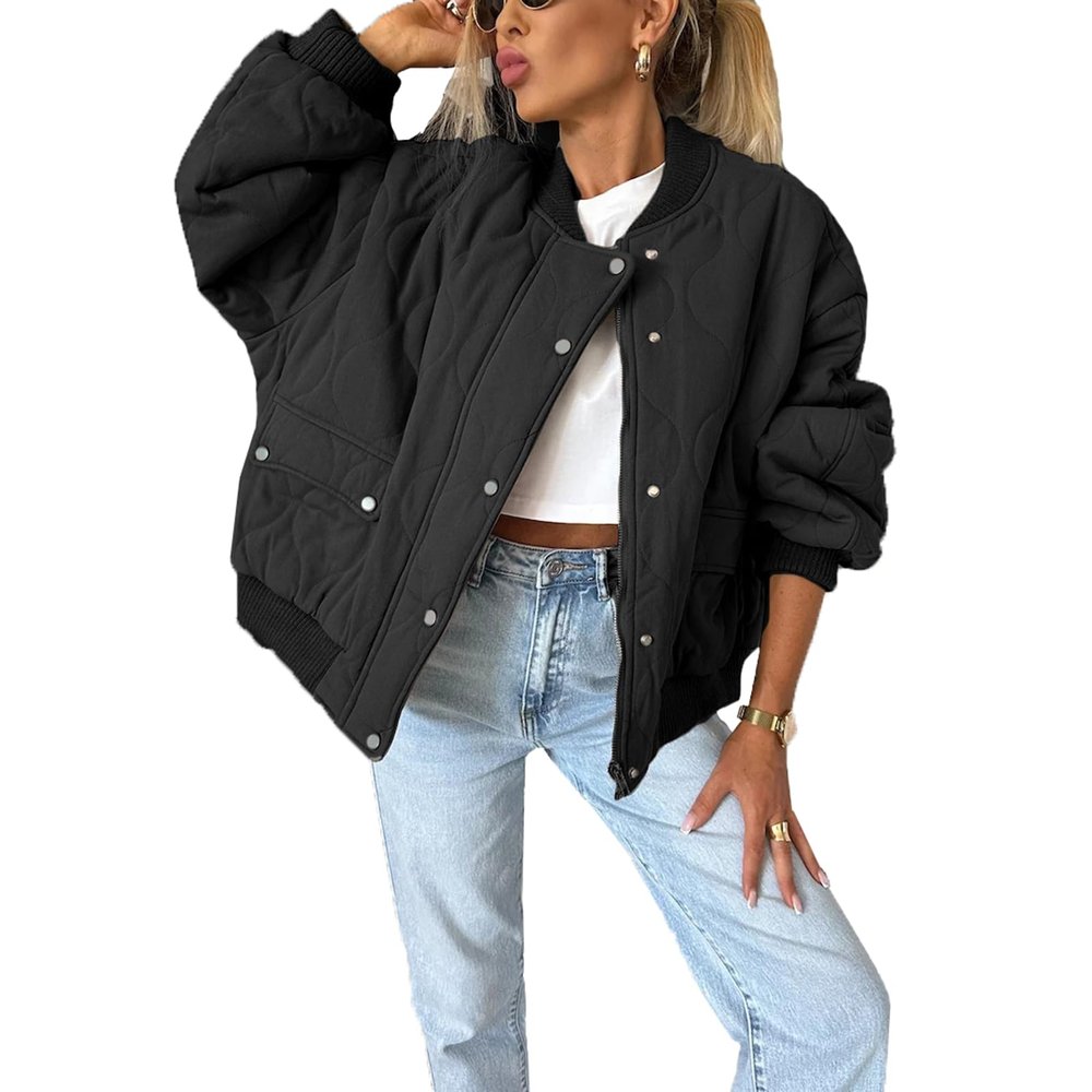 cffvdiz Black,XL, Women's Round Neck Winter Quilted Jacket Long Sleeve Casual Button Solid Color Cotton Coat