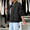 cffvdiz Black,XL, Women's Round Neck Winter Quilted Jacket Long Sleeve Casual Button Solid Color Cotton Coat view 2