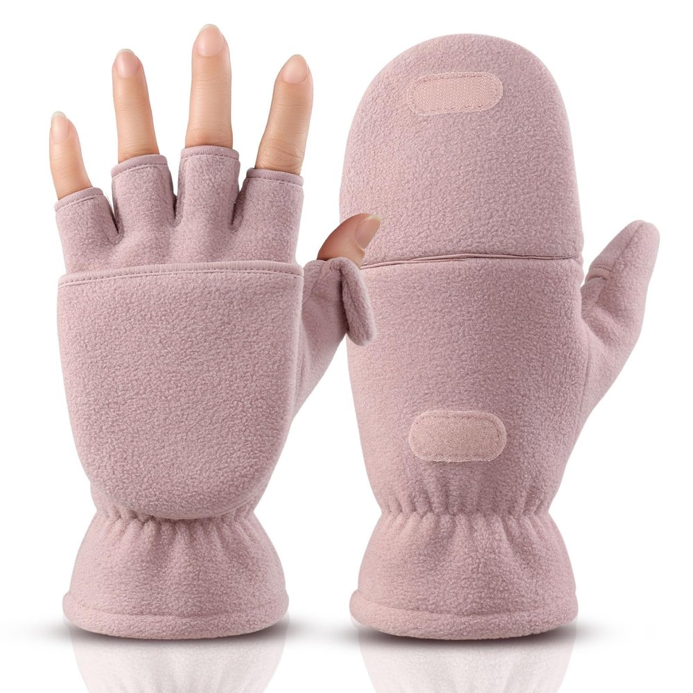 OZERO Winter Gloves for Men Women: Fingerless Convertible Mittens with Flap Warm Thermal Polar Fleece,Touch Screen Work Running Driving Cycling Womens Mens Gloves Winter in Cold Weather Pink L
