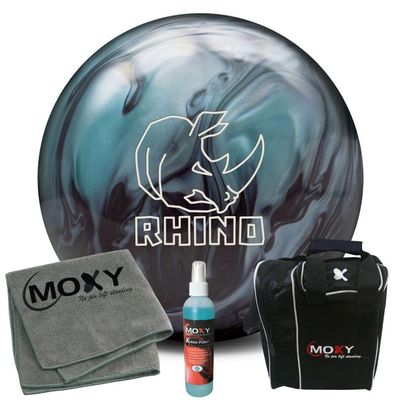 Bowlerstore Products Brunswick Rhino Metallic Blue/Black Bowling Ball | Moxy Strike Black Bowling Bag | Moxy Grey Micro Fiber Towel | Moxy Xtreme Power Cleaner Package 12lbs